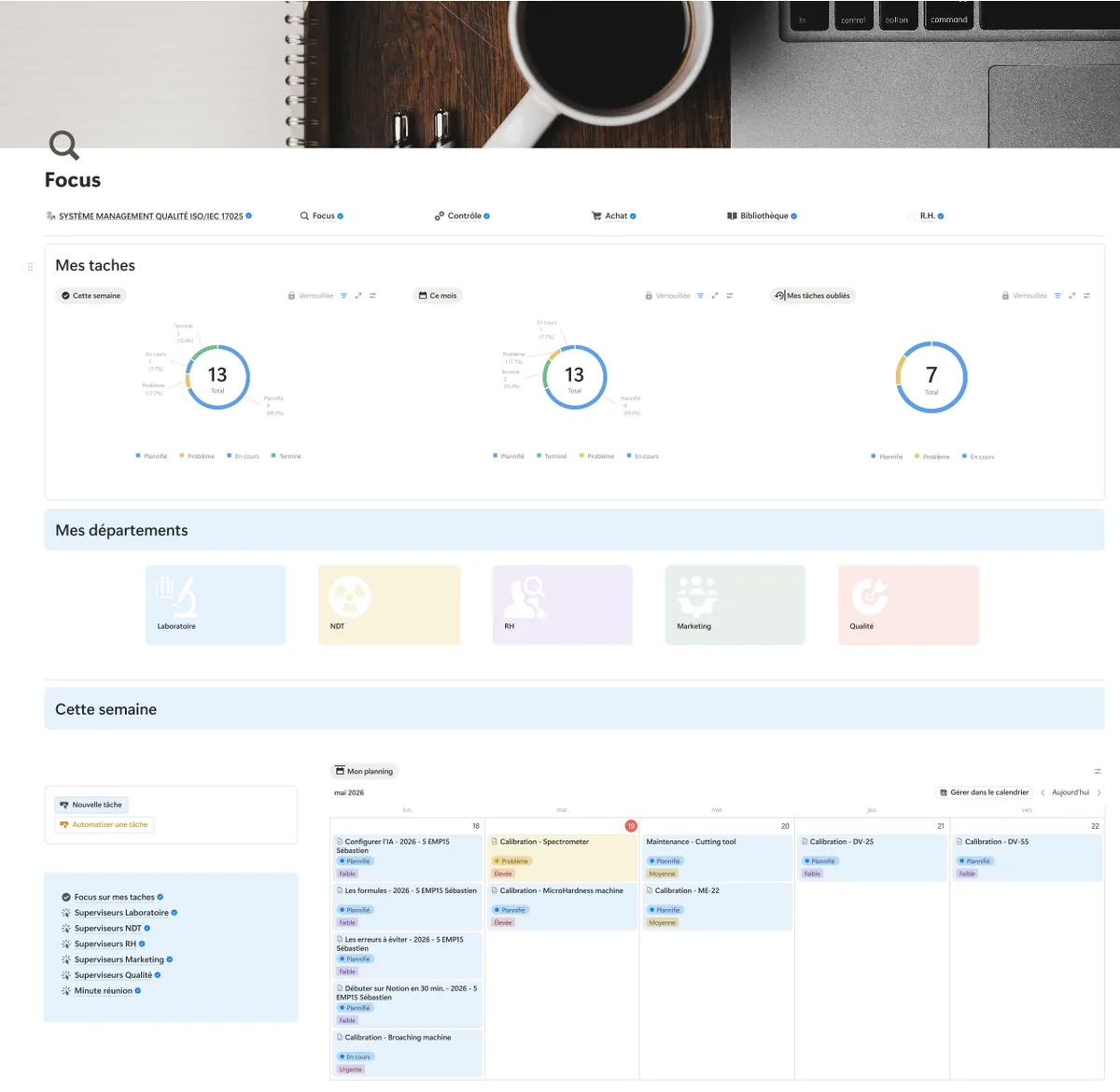 Espace Focus de l'intranet : compteurs de tâches de la semaine, du mois et des tâches oubliées, tuiles de départements et planning hebdomadaire des calibrations et maintenances.