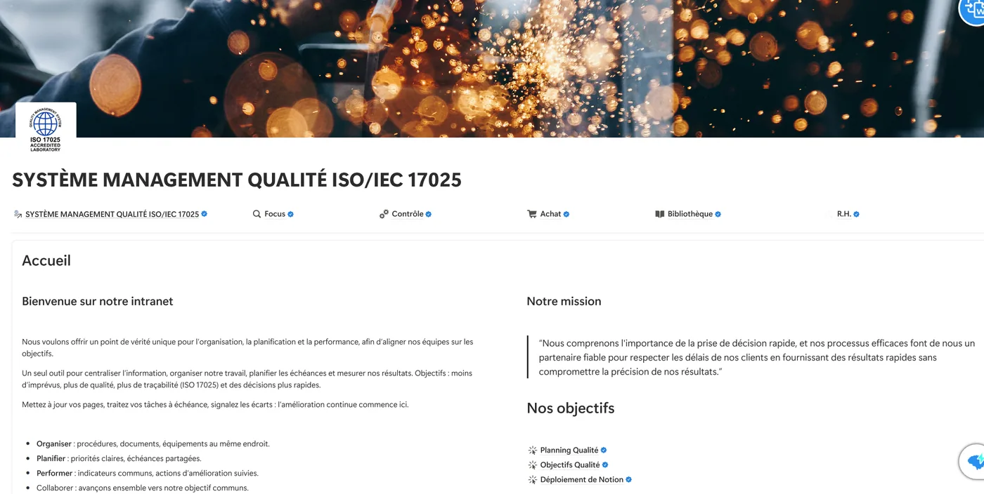 Page d'accueil de l'intranet : titre Système Management Qualité ISO/IEC 17025, onglets Focus, Contrôle, Achat, Bibliothèque et R.H., mission et objectifs de l'organisation.